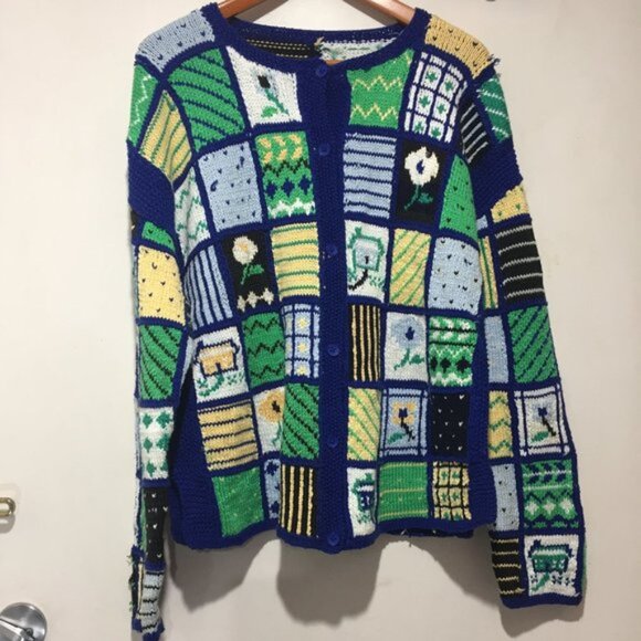 VINTAGE HAND KNITTED QUILTED CARDIGAN SWEATERS SIZE XL - Picture 2 of 6
